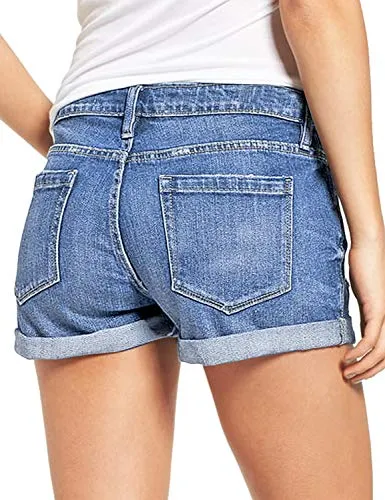 luvamia Women's Ripped Denim Jean Shorts Mid Rise Stretchy Folded Hem Short Jeans Blue Size XX-Large