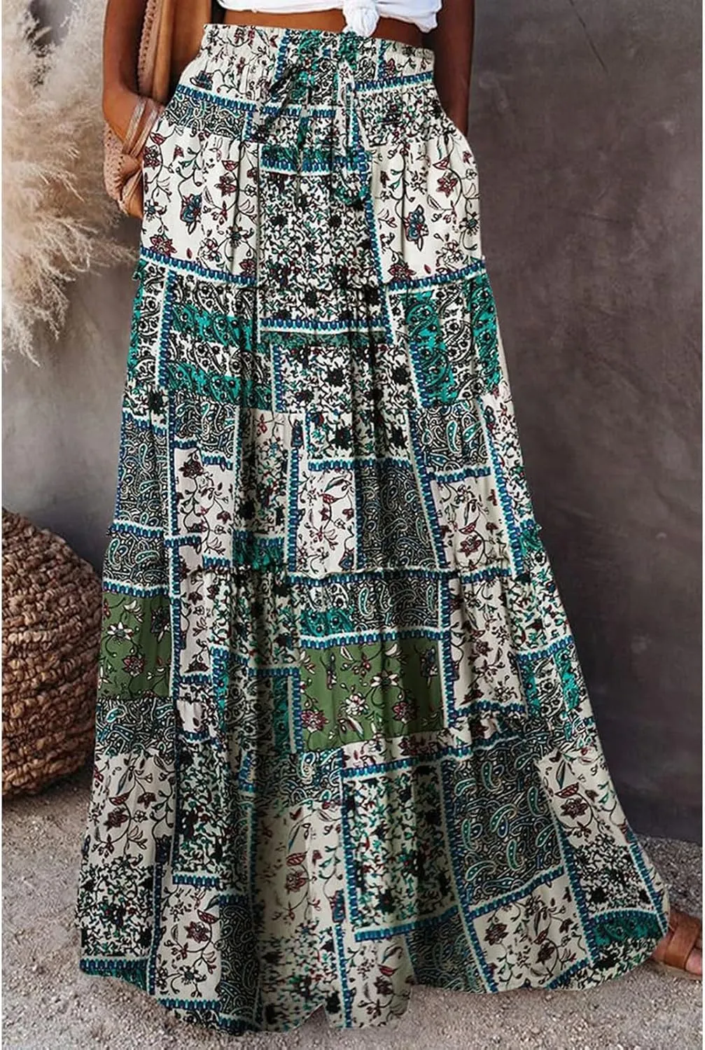 Maxi Skirts,Pleated Flowy Long Skirts for Women 2025 High Waisted Womens Boho Maxi Skirt with Pockets Trendy