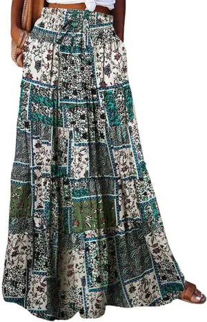 Maxi Skirts,Pleated Flowy Long Skirts for Women 2025 High Waisted Womens Boho Maxi Skirt with Pockets Trendy