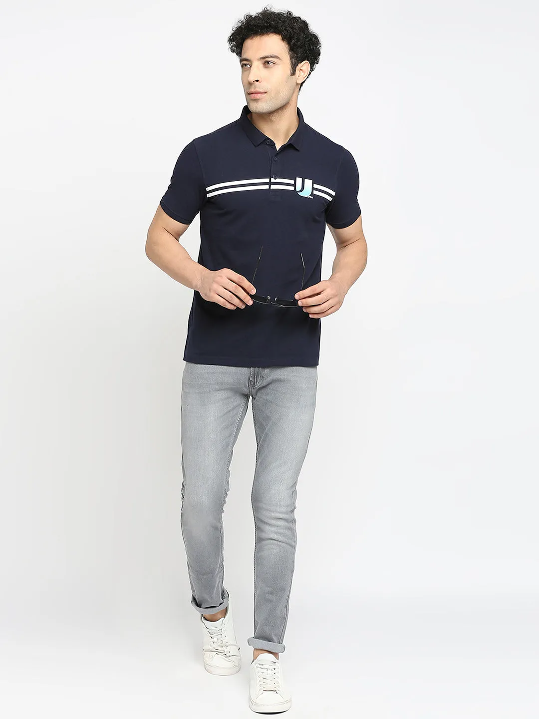 Men Premium Cotton Navy Blue Polo T-Shirt- Underjeans By Spykar