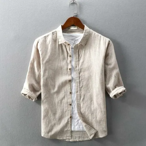 Men Spring Fashion Striped Comfortable Soft Cotton Linen Shirt Three