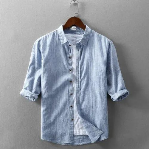 Men Spring Fashion Striped Comfortable Soft Cotton Linen Shirt Three
