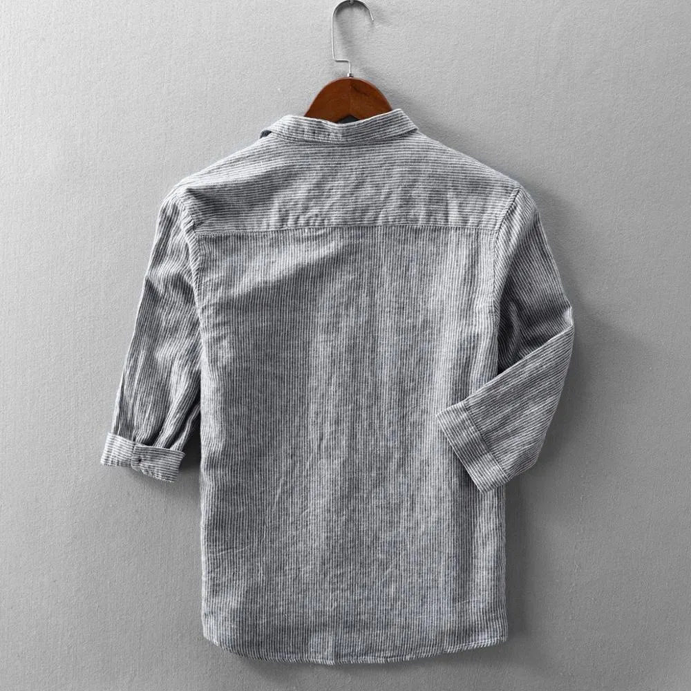 Men Spring Fashion Striped Comfortable Soft Cotton Linen Shirt Three