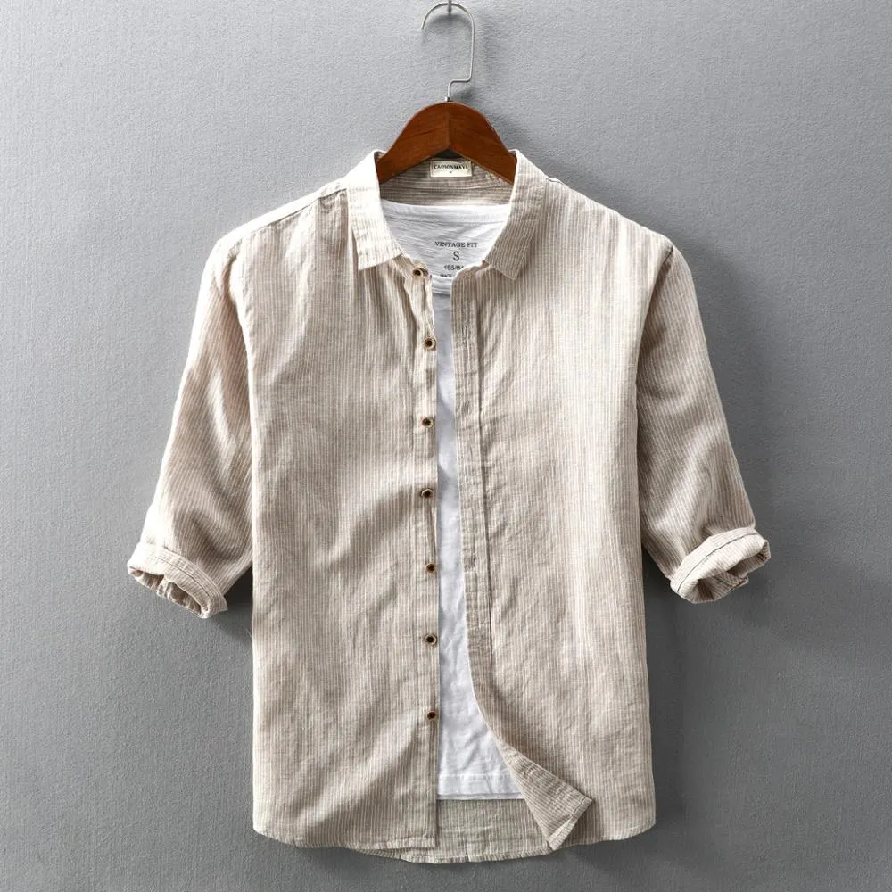 Men Spring Fashion Striped Comfortable Soft Cotton Linen Shirt Three
