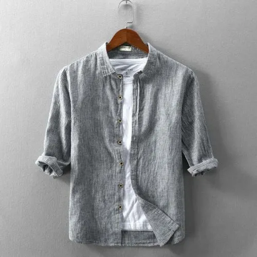 Men Spring Fashion Striped Comfortable Soft Cotton Linen Shirt Three