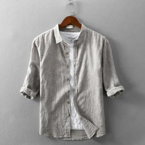 Men Spring Fashion Striped Comfortable Soft Cotton Linen Shirt Three