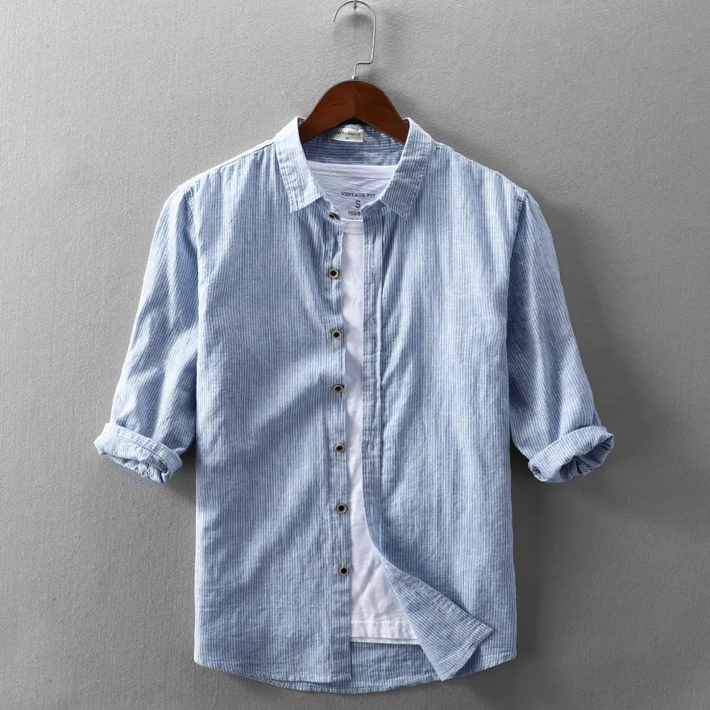 Men Spring Fashion Striped Comfortable Soft Cotton Linen Shirt Three
