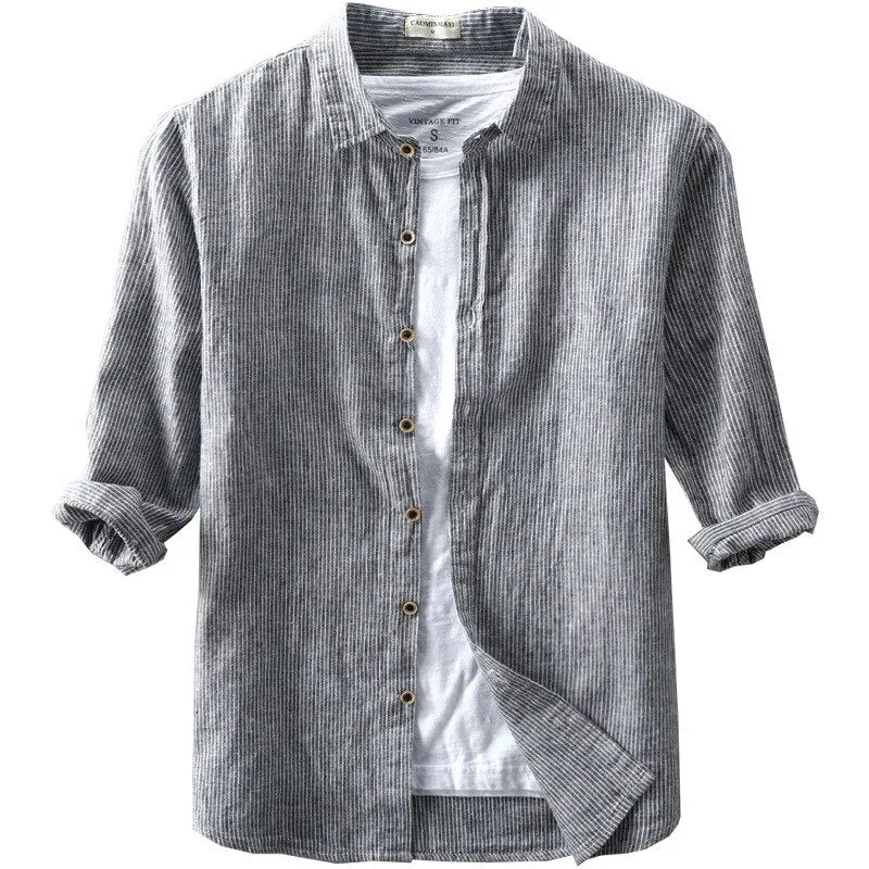 Men Spring Fashion Striped Comfortable Soft Cotton Linen Shirt Three