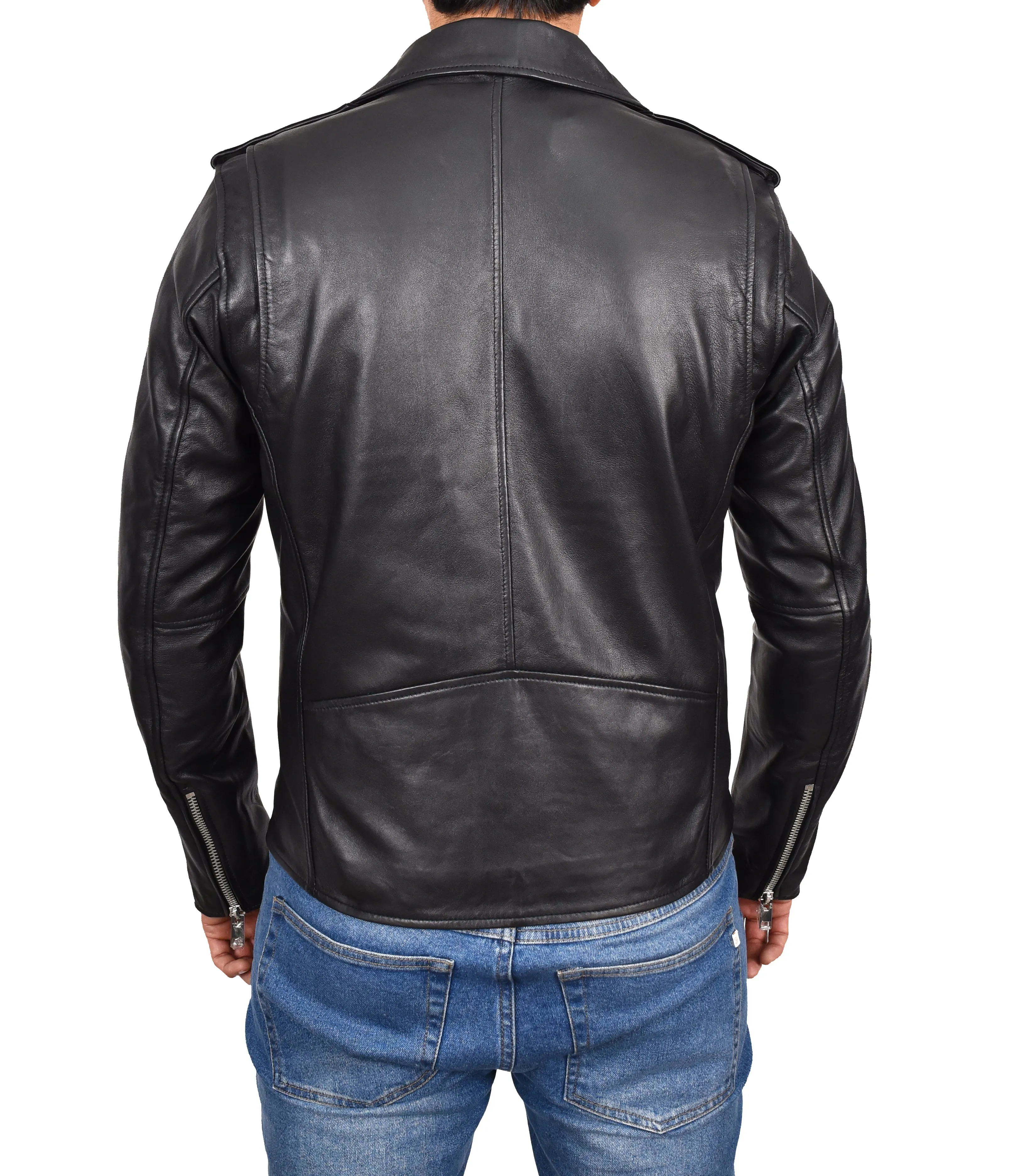 Men's Brando Biker Real Leather Zip Jacket Black Razzel