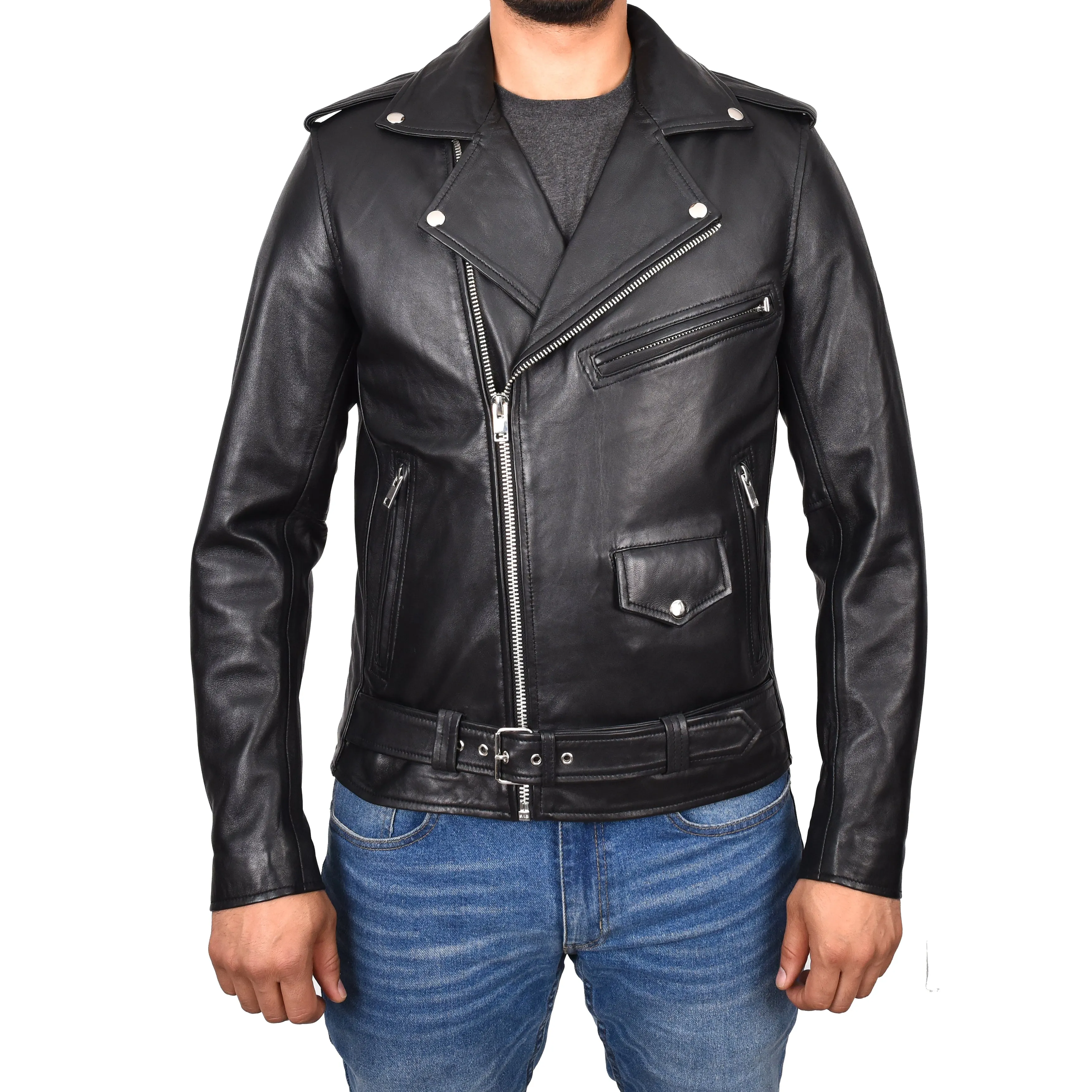 Men's Brando Biker Real Leather Zip Jacket Black Razzel