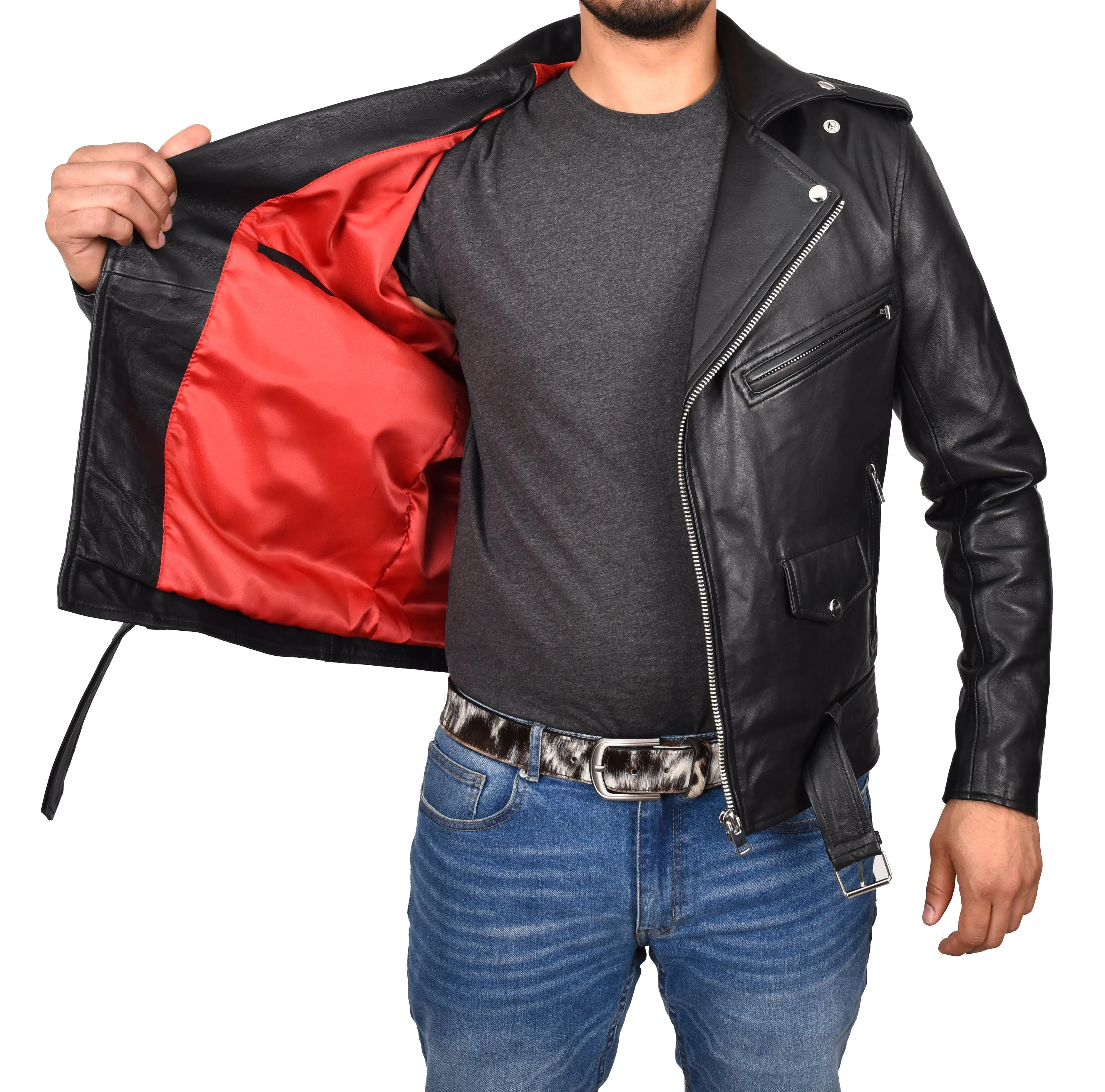 Men's Brando Biker Real Leather Zip Jacket Black Razzel