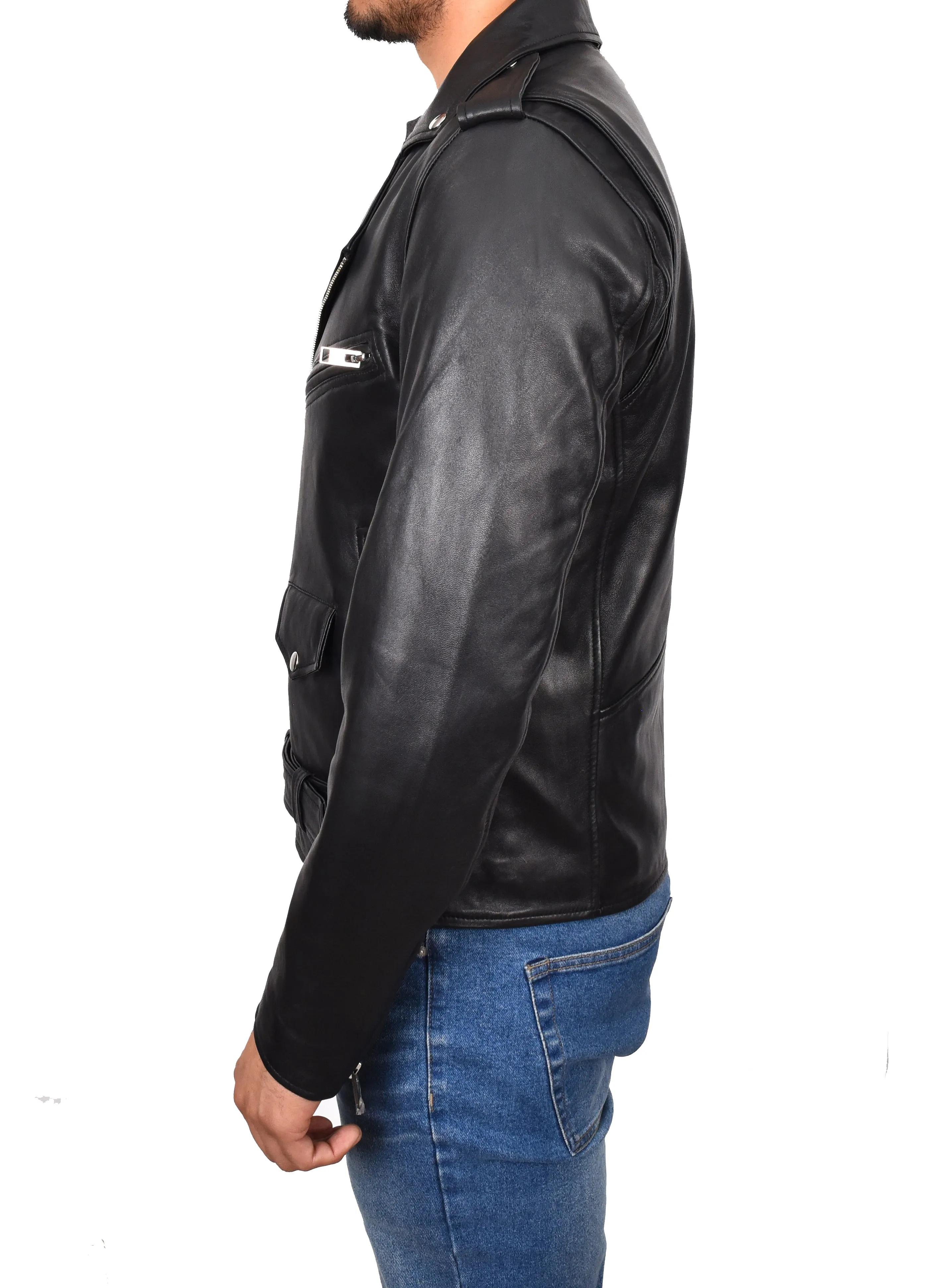 Men's Brando Biker Real Leather Zip Jacket Black Razzel