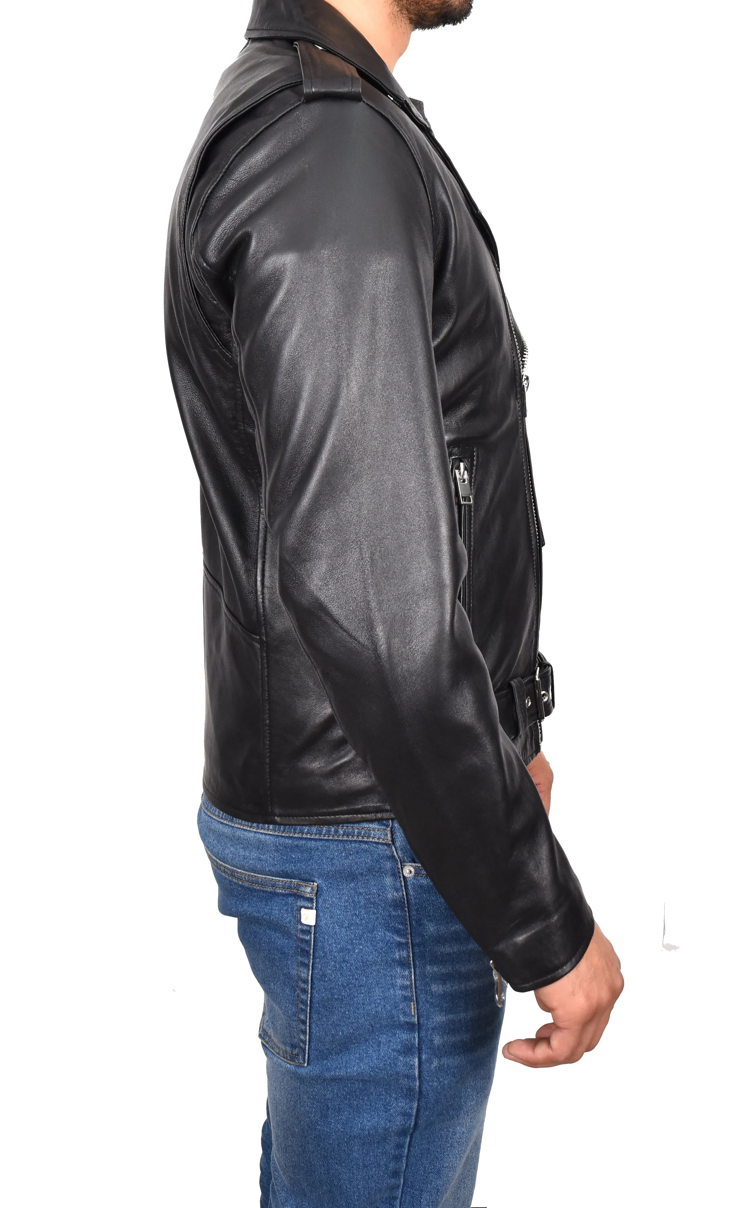 Men's Brando Biker Real Leather Zip Jacket Black Razzel