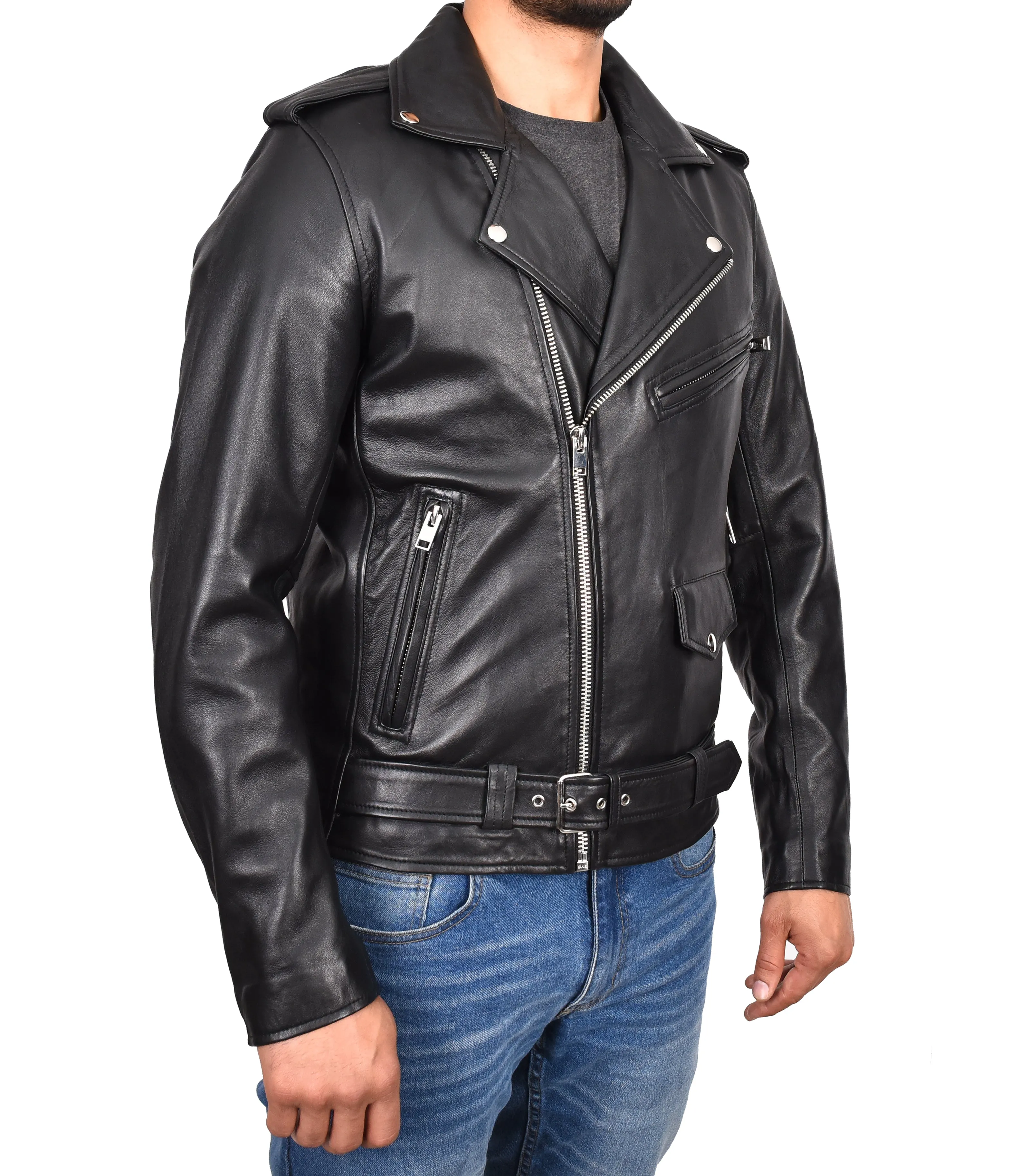 Men's Brando Biker Real Leather Zip Jacket Black Razzel