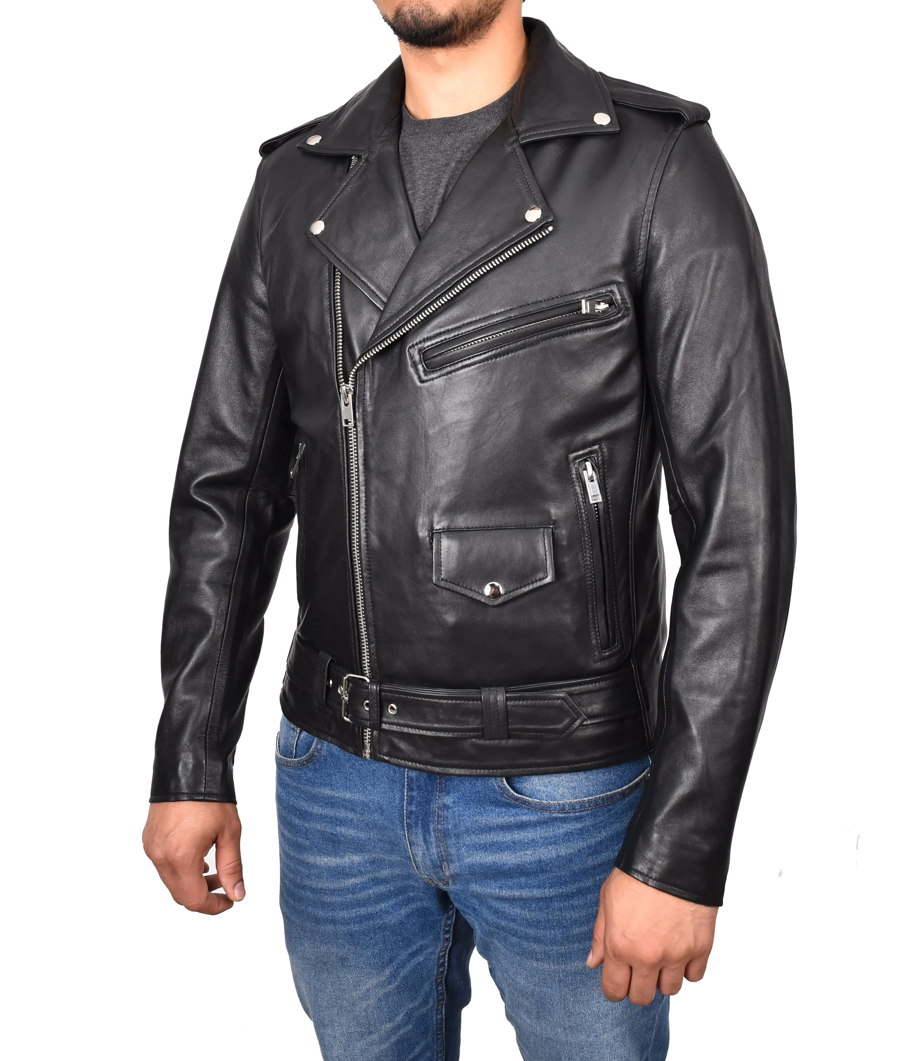 Men's Brando Biker Real Leather Zip Jacket Black Razzel