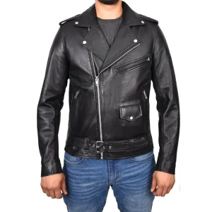 Men's Brando Biker Real Leather Zip Jacket Black Razzel