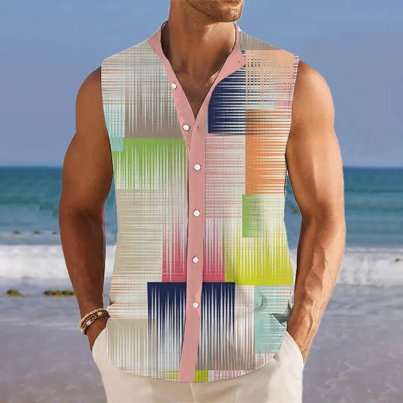 Men's Breathable Linen Lapel Beach Sleeveless Shirt 82078799YM