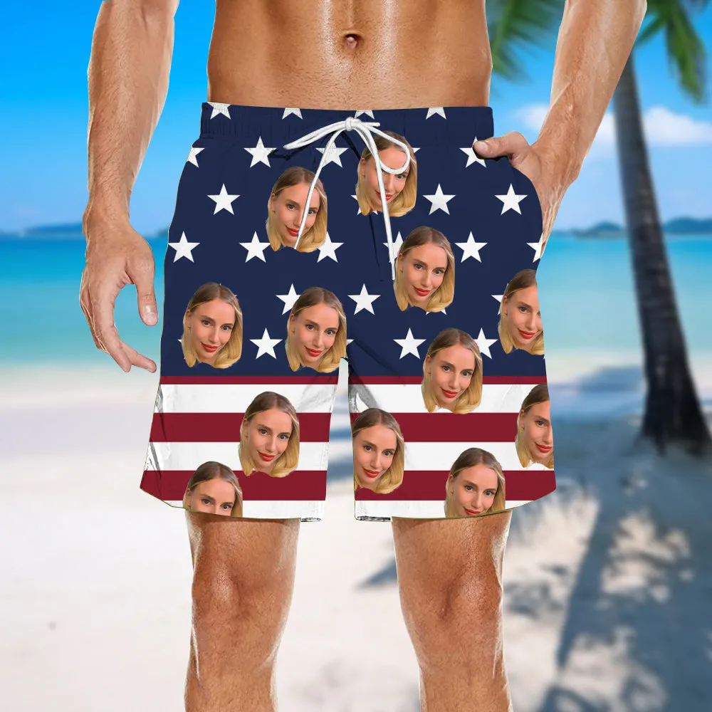 Men's Custom Faces Beach Shorts Personalized Gifts Summer Shorts Flag Print Independence Day