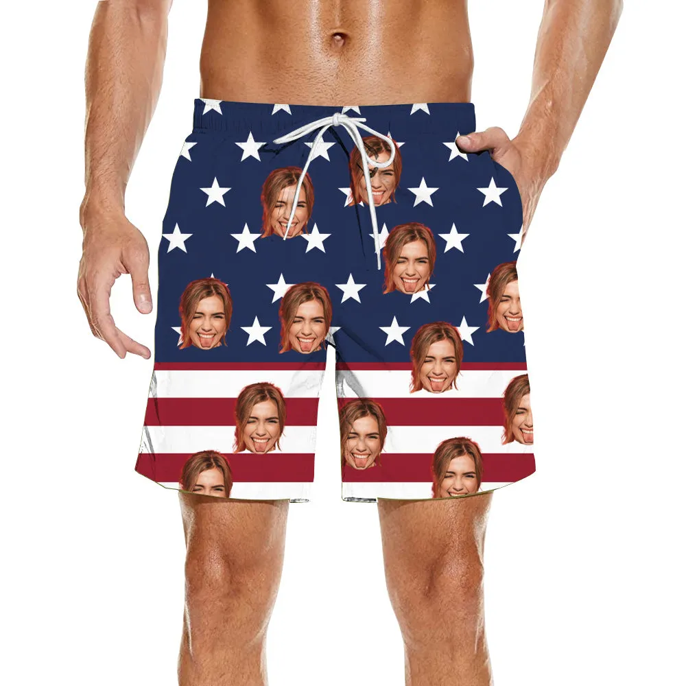 Men's Custom Faces Beach Shorts Personalized Gifts Summer Shorts Flag Print Independence Day