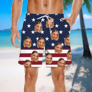 Men's Custom Faces Beach Shorts Personalized Gifts Summer Shorts Flag Print Independence Day
