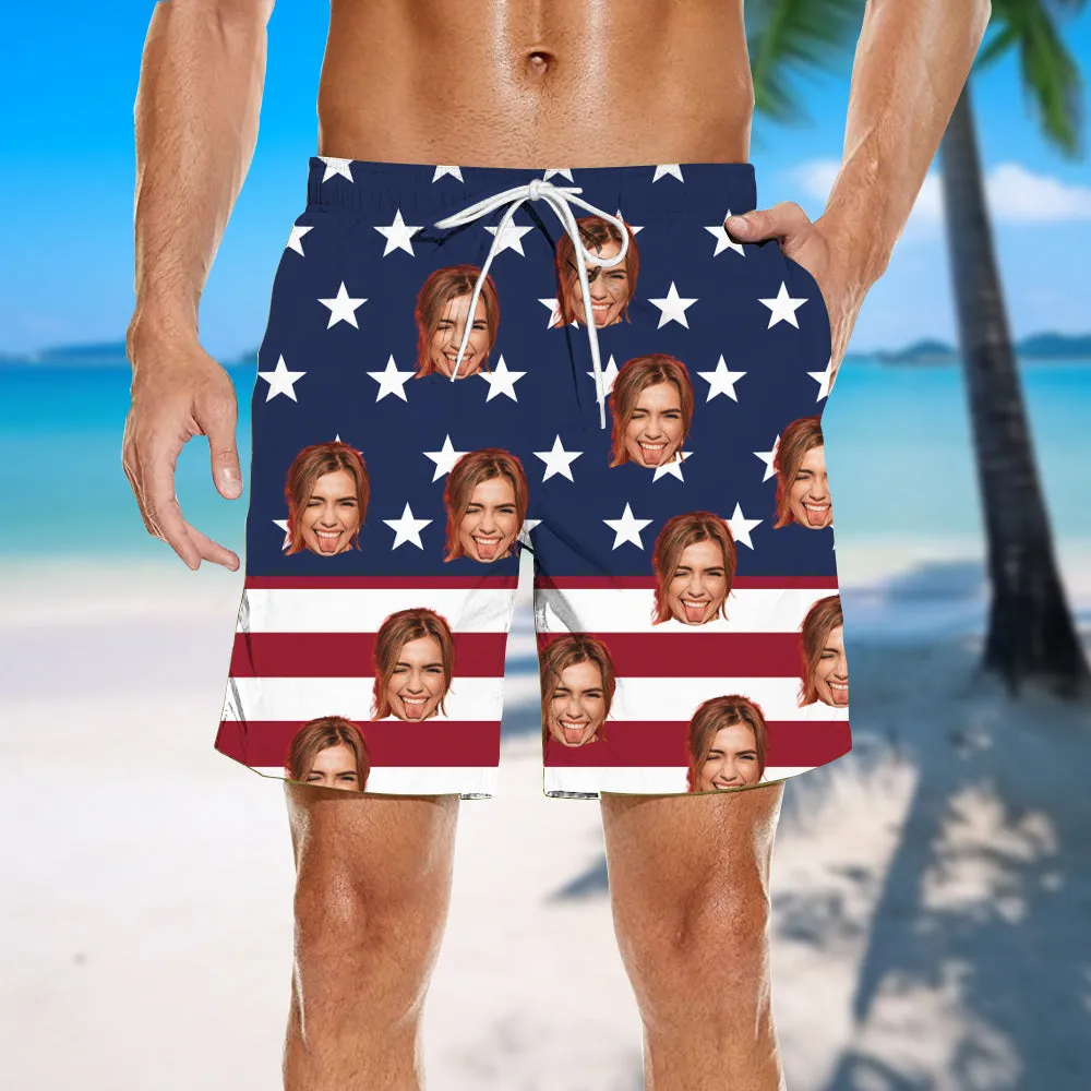 Men's Custom Faces Beach Shorts Personalized Gifts Summer Shorts Flag Print Independence Day