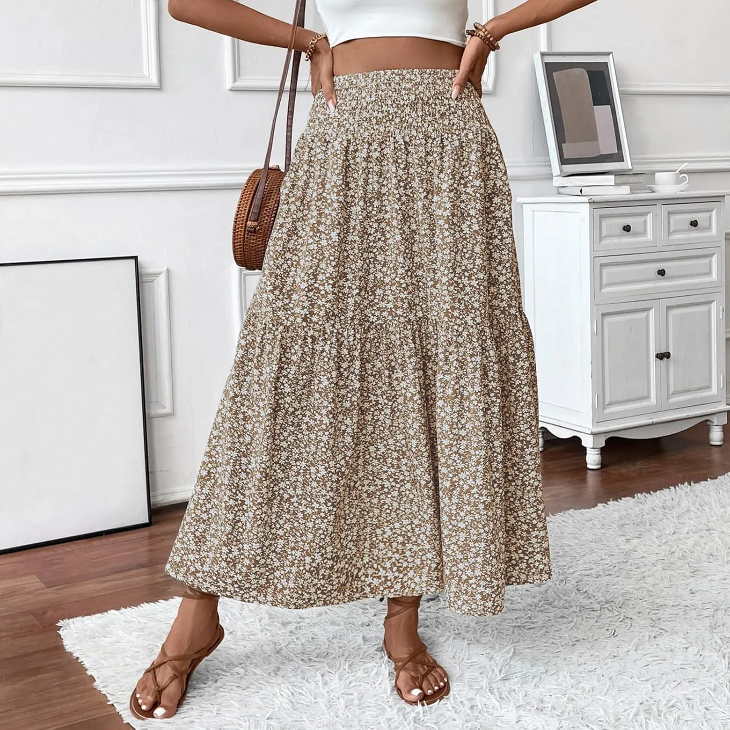 Midi Skirt,Flowy Long Skirts for Women 2025 Elastic High Waisted Pleated Womens Boho Maxi Skirt with Pockets Summer