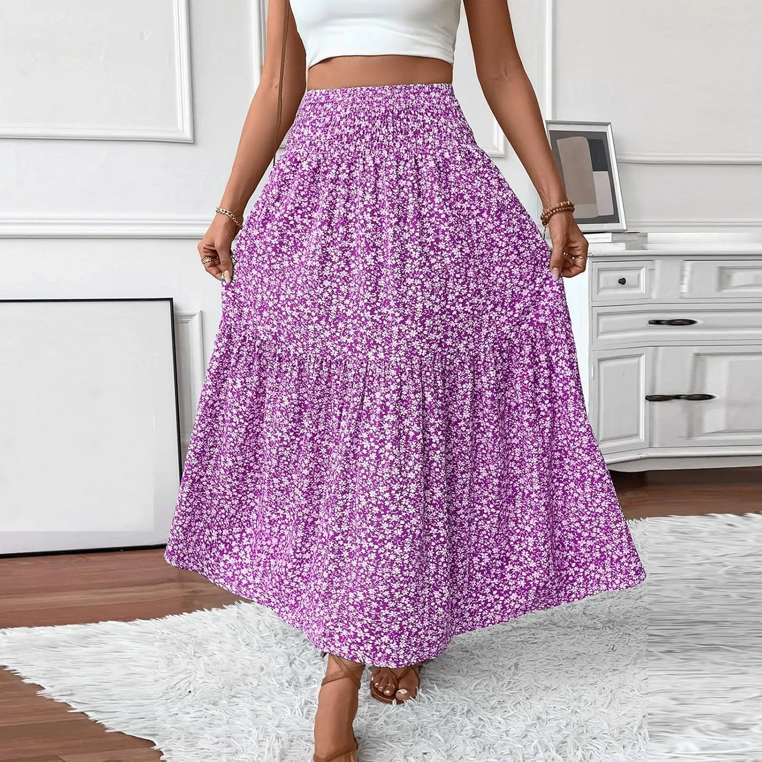 Midi Skirt,Flowy Long Skirts for Women 2025 Elastic High Waisted Pleated Womens Boho Maxi Skirt with Pockets Summer
