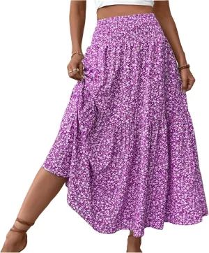 Midi Skirt,Flowy Long Skirts for Women 2025 Elastic High Waisted Pleated Womens Boho Maxi Skirt with Pockets Summer