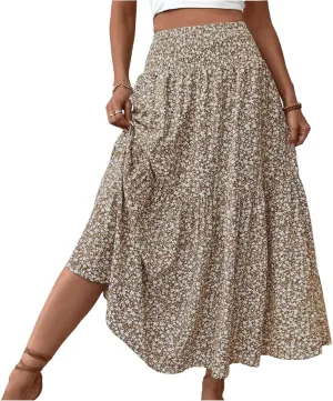 Midi Skirt,Flowy Long Skirts for Women 2025 Elastic High Waisted Pleated Womens Boho Maxi Skirt with Pockets Summer