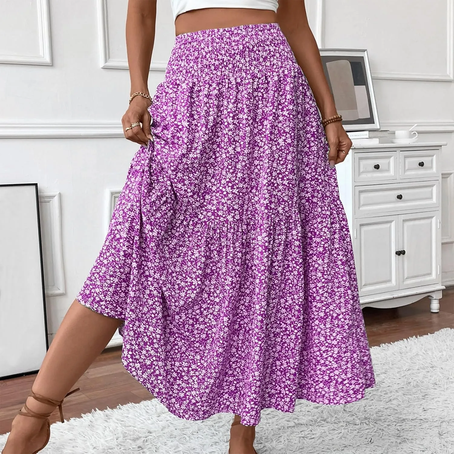 Midi Skirt,Flowy Long Skirts for Women 2025 Elastic High Waisted Pleated Womens Boho Maxi Skirt with Pockets Summer