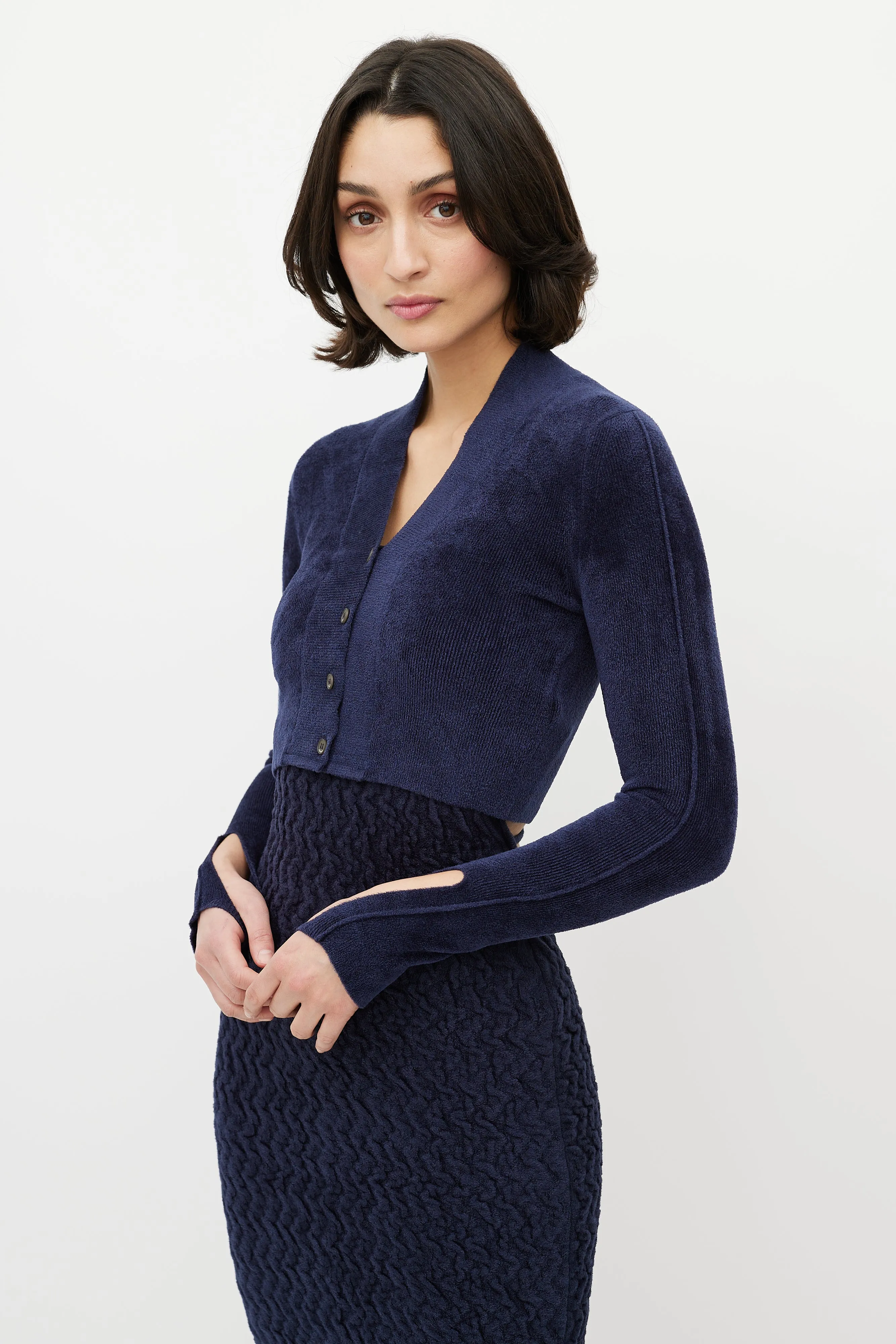 Navy Velours Cropped Cardigan