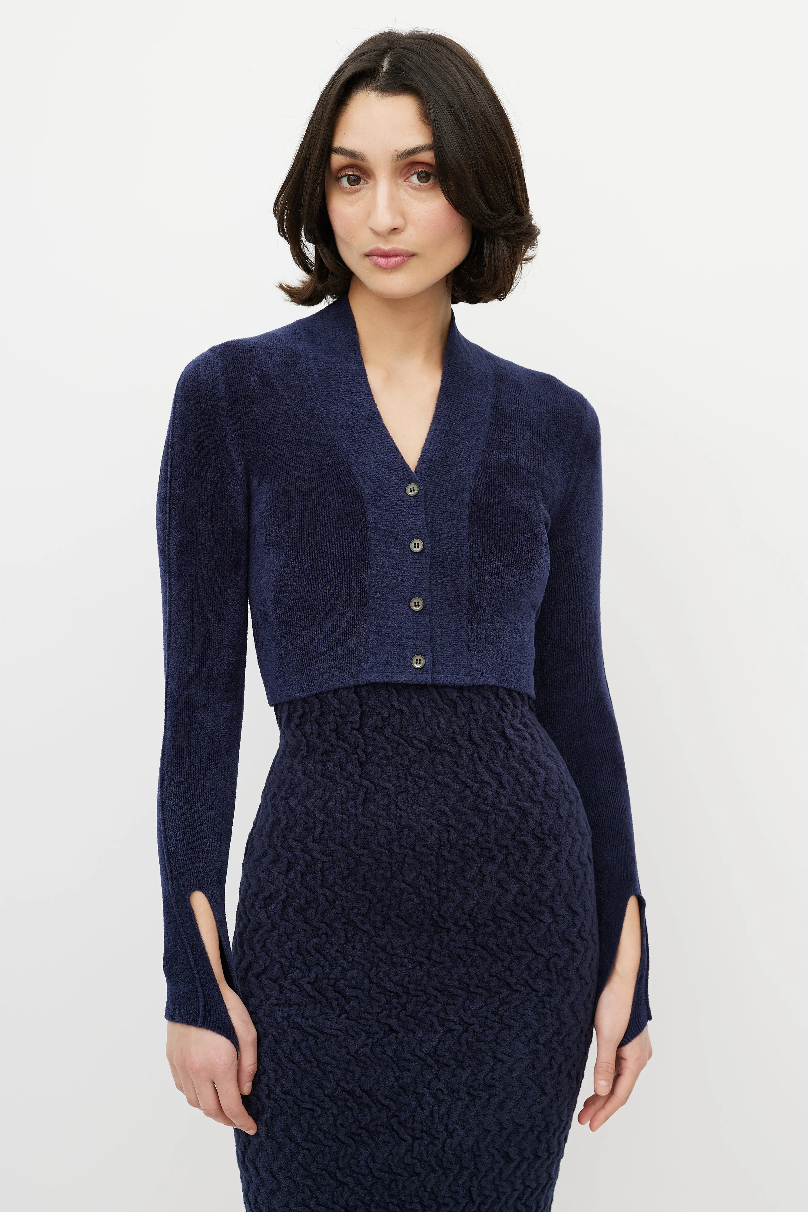 Navy Velours Cropped Cardigan