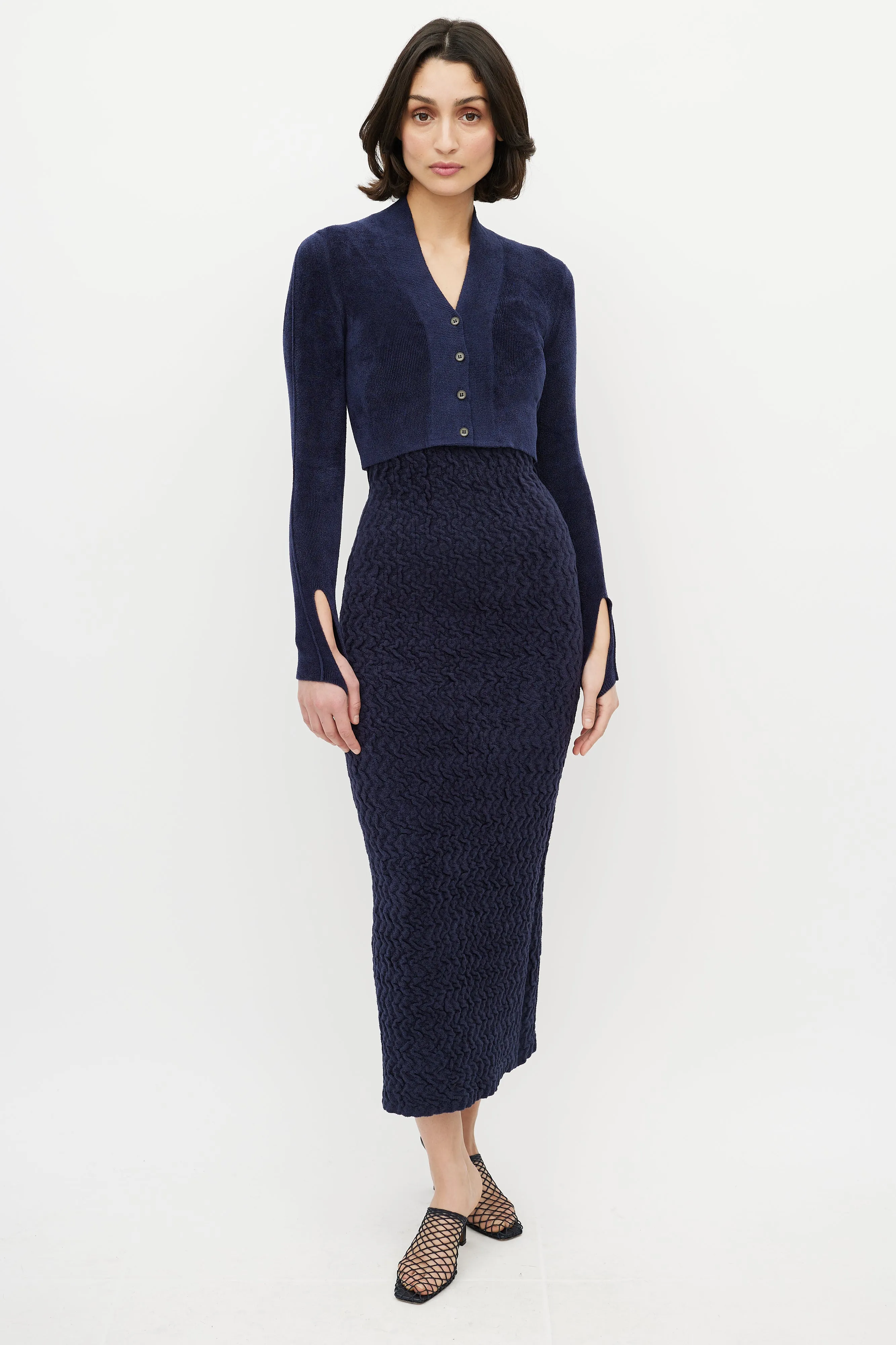 Navy Velours Cropped Cardigan