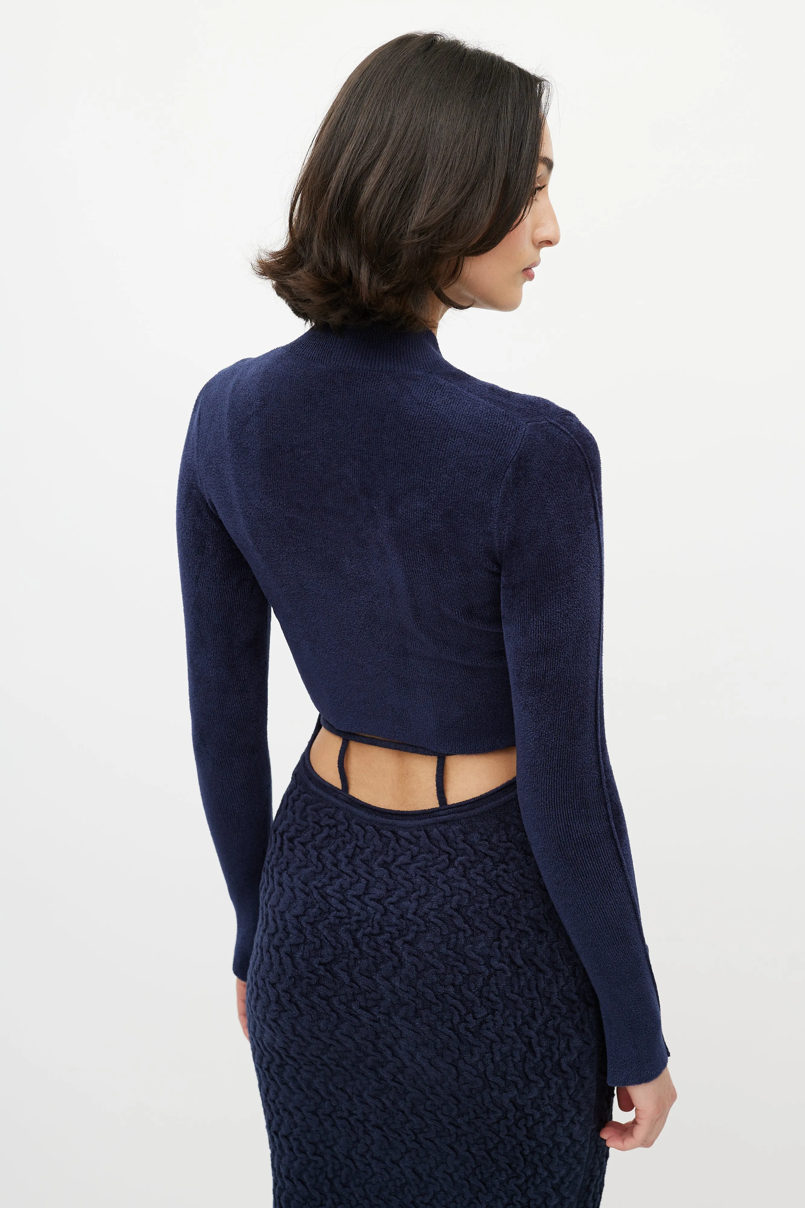 Navy Velours Cropped Cardigan
