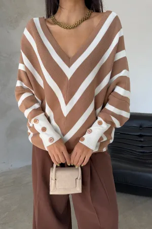 Off Shoulders Striped Knitted Sweater with Buttons in Camel
