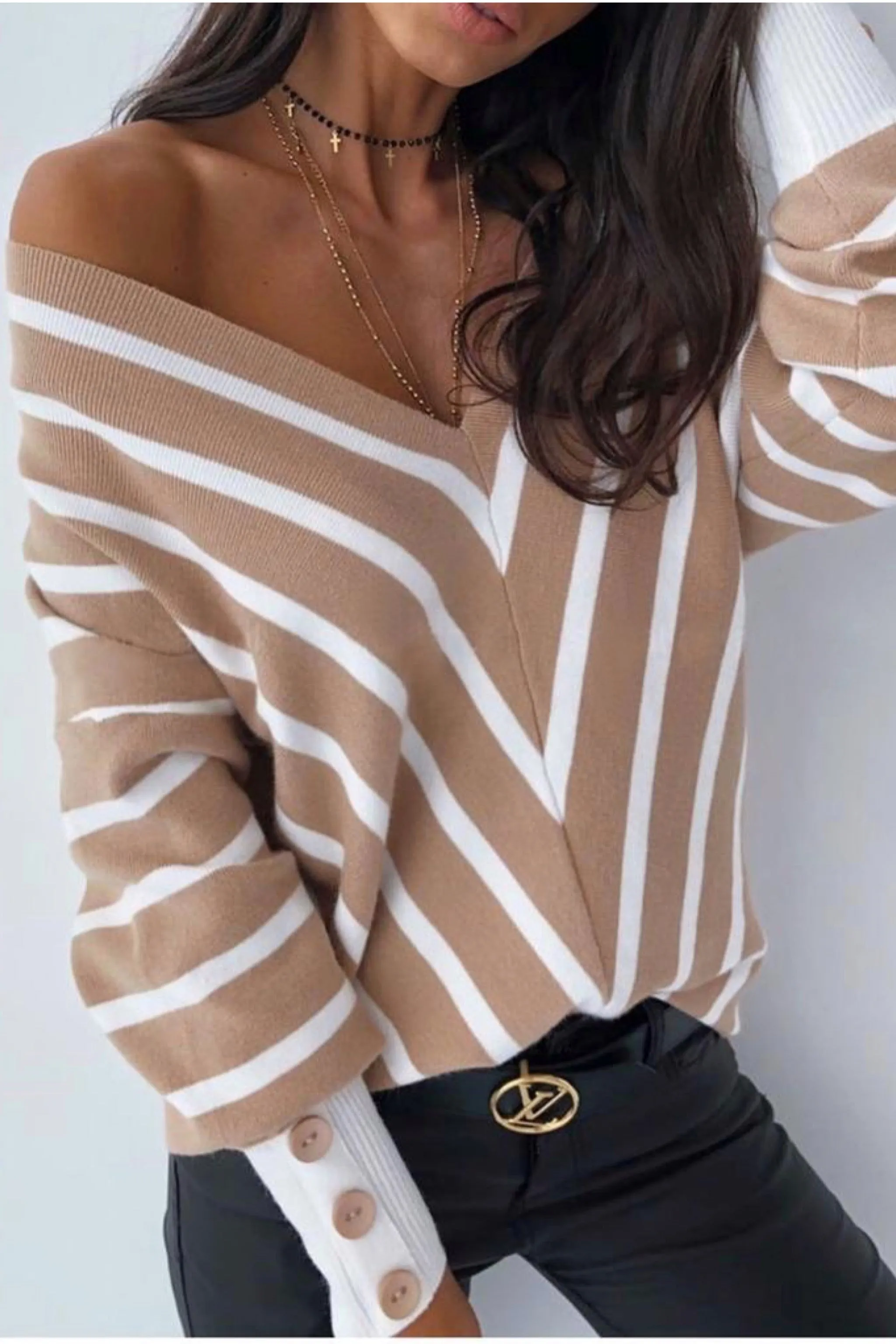 Off Shoulders Striped Knitted Sweater with Buttons in Camel