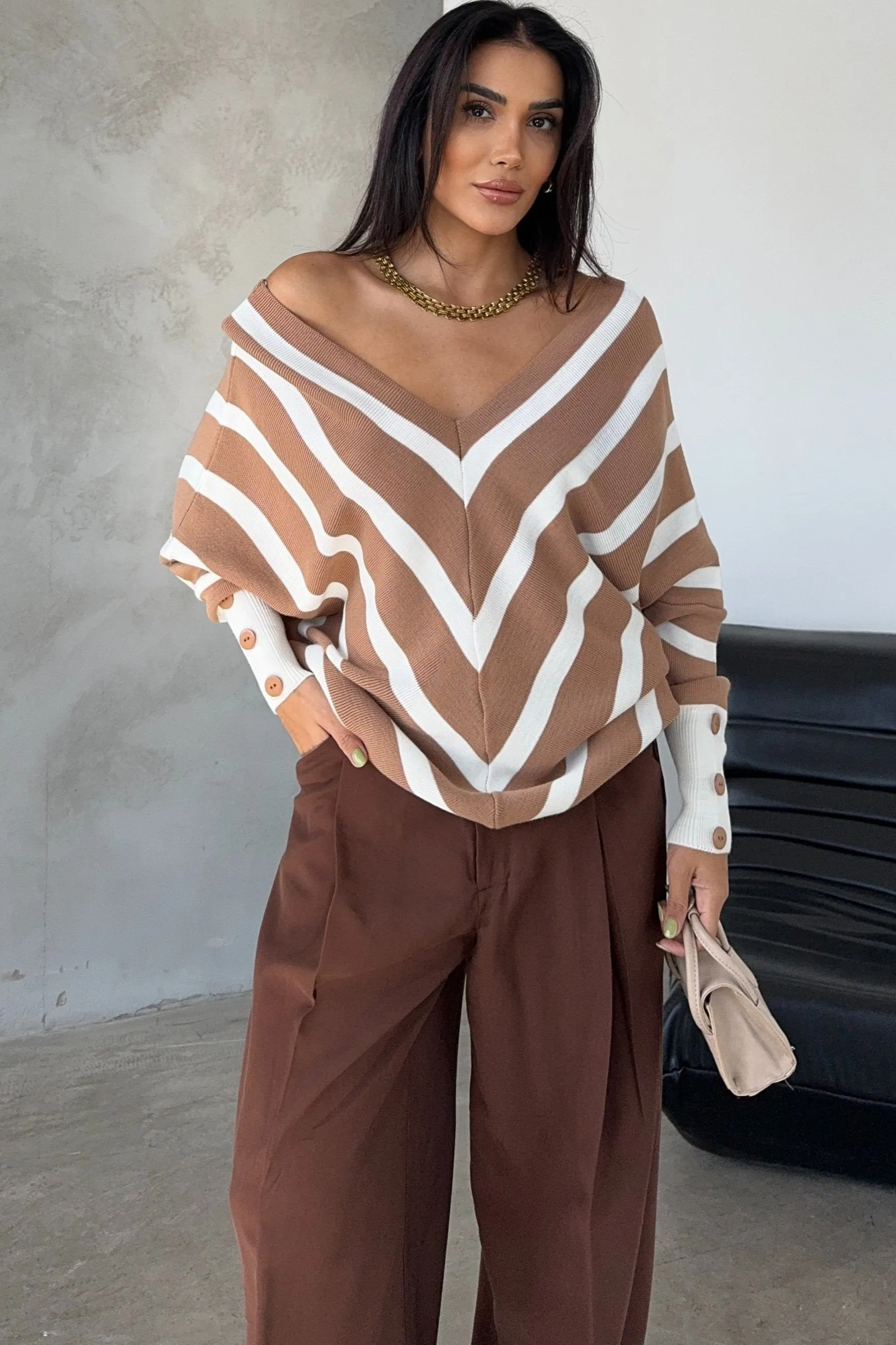 Off Shoulders Striped Knitted Sweater with Buttons in Camel