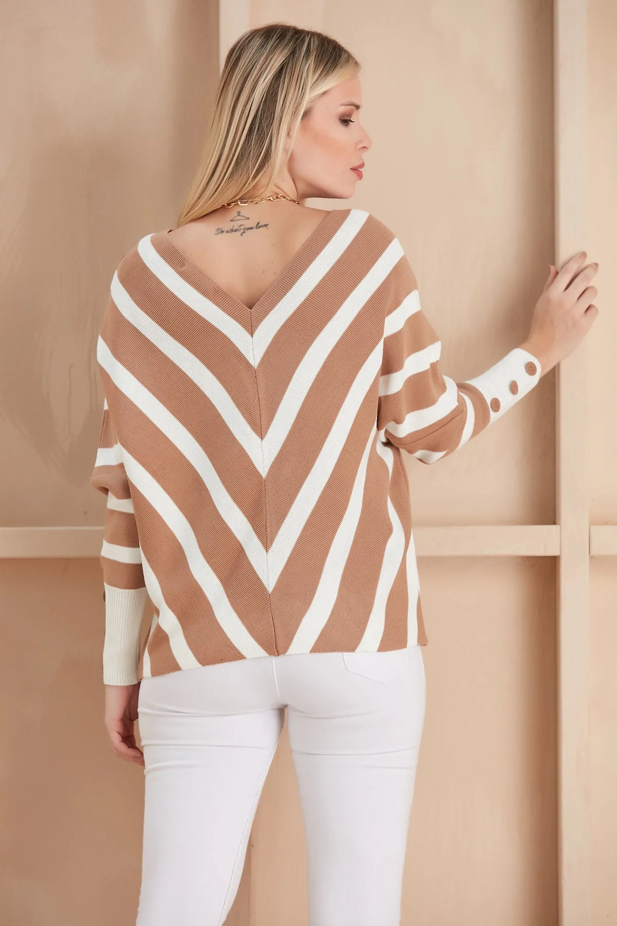 Off Shoulders Striped Knitted Sweater with Buttons in Camel