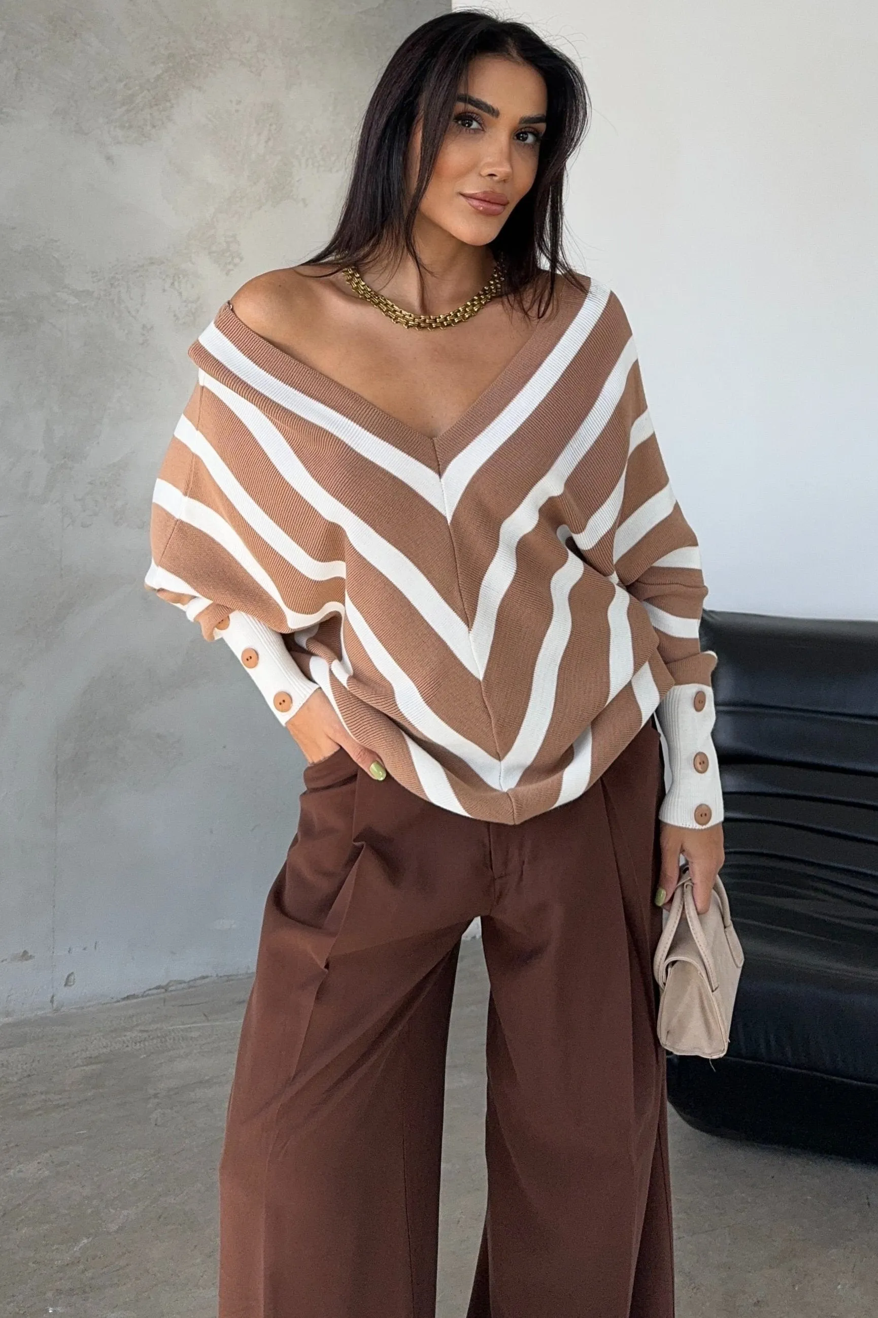 Off Shoulders Striped Knitted Sweater with Buttons in Camel