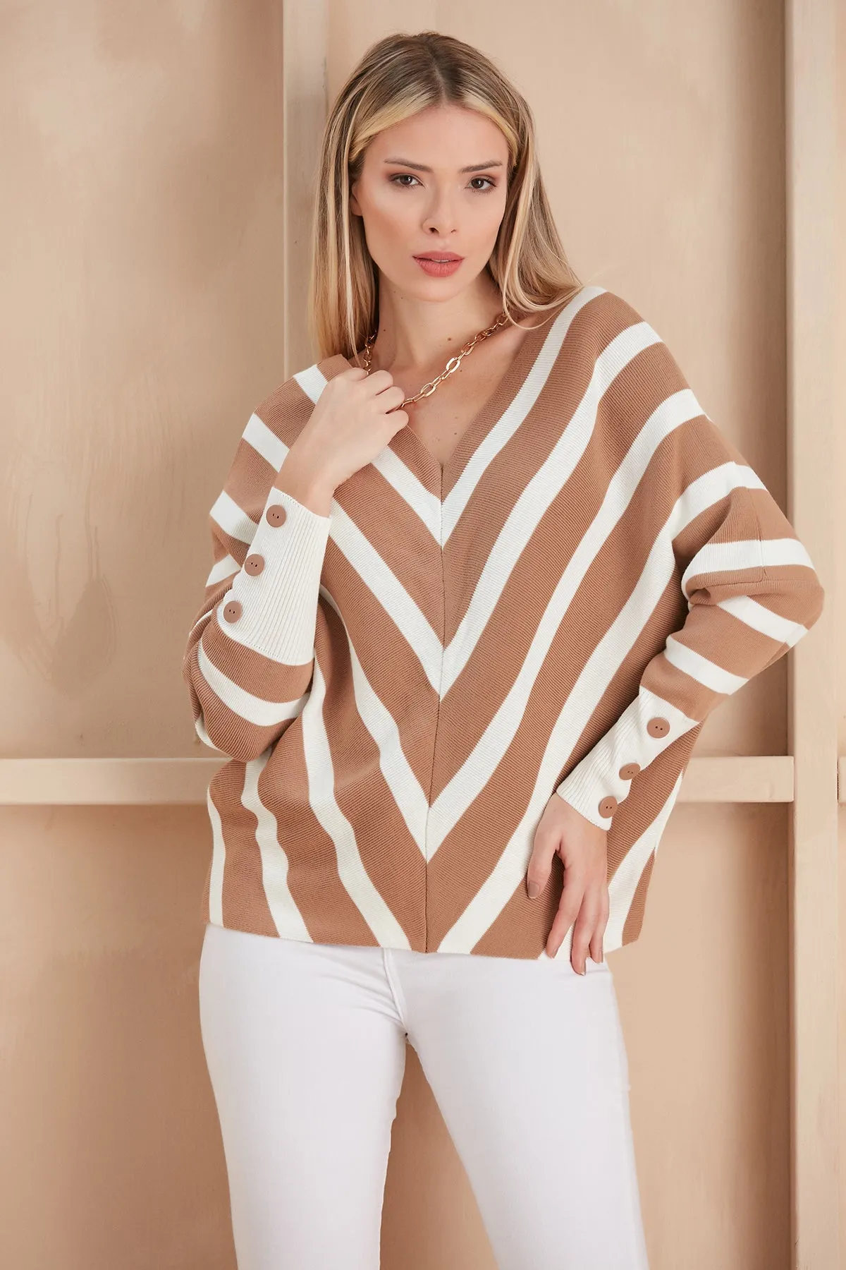 Off Shoulders Striped Knitted Sweater with Buttons in Camel