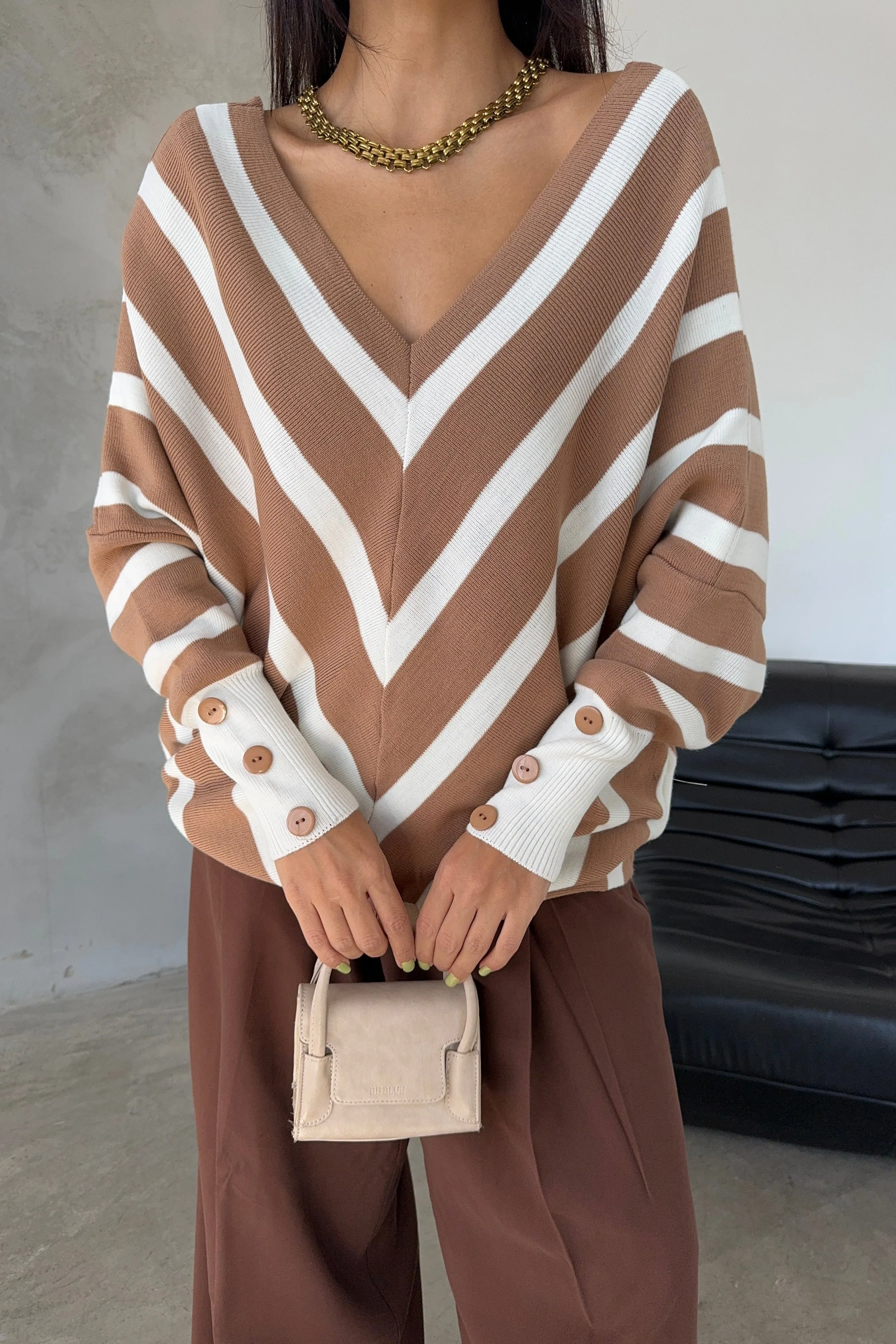 Off Shoulders Striped Knitted Sweater with Buttons in Camel