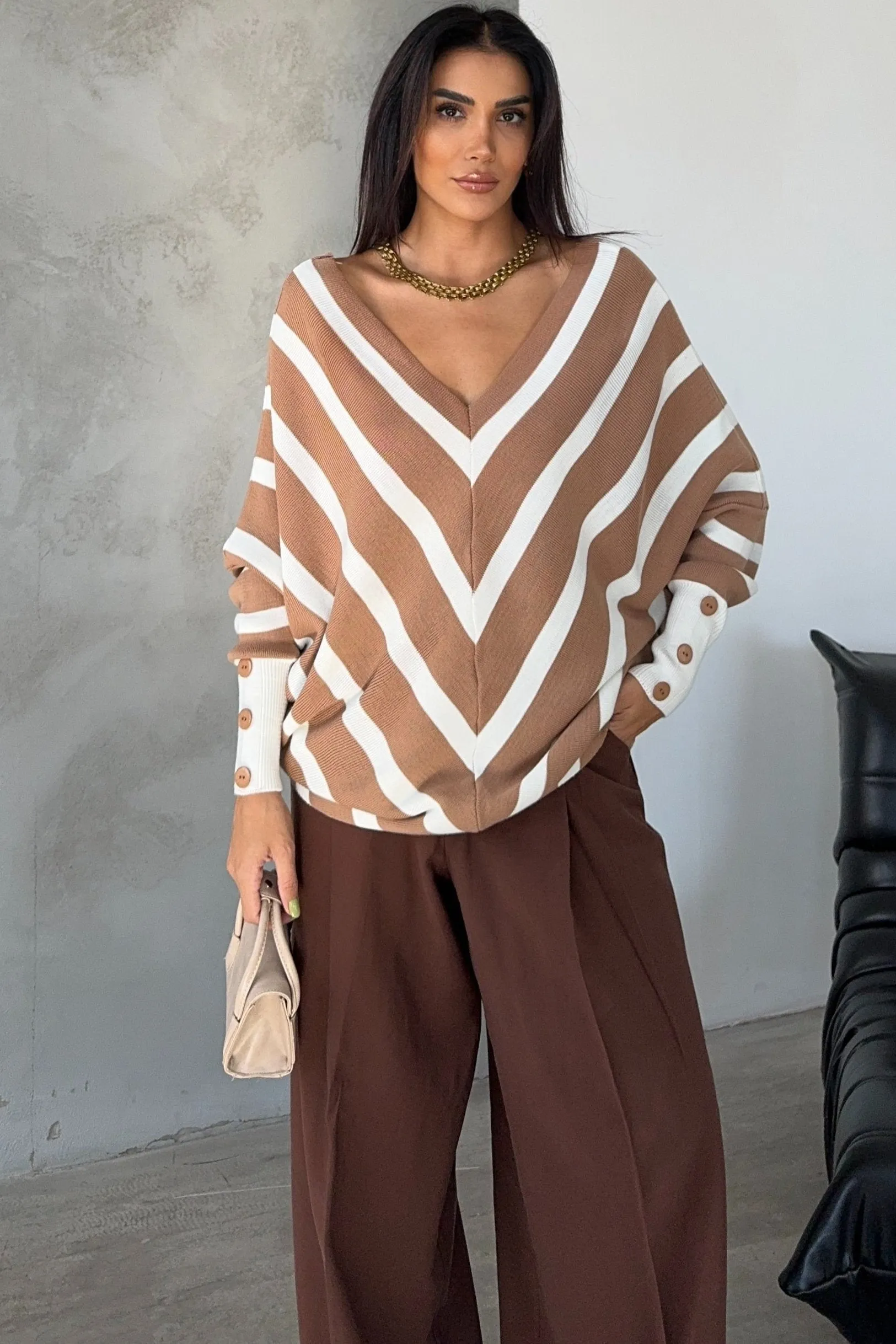 Off Shoulders Striped Knitted Sweater with Buttons in Camel