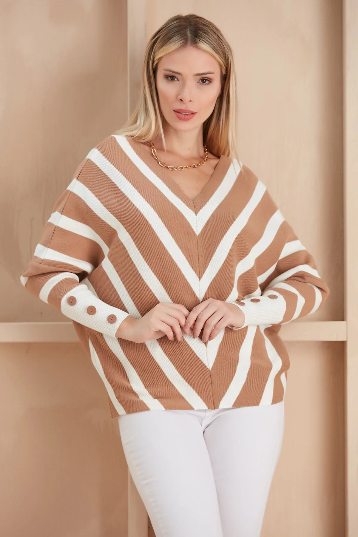 Off Shoulders Striped Knitted Sweater with Buttons in Camel