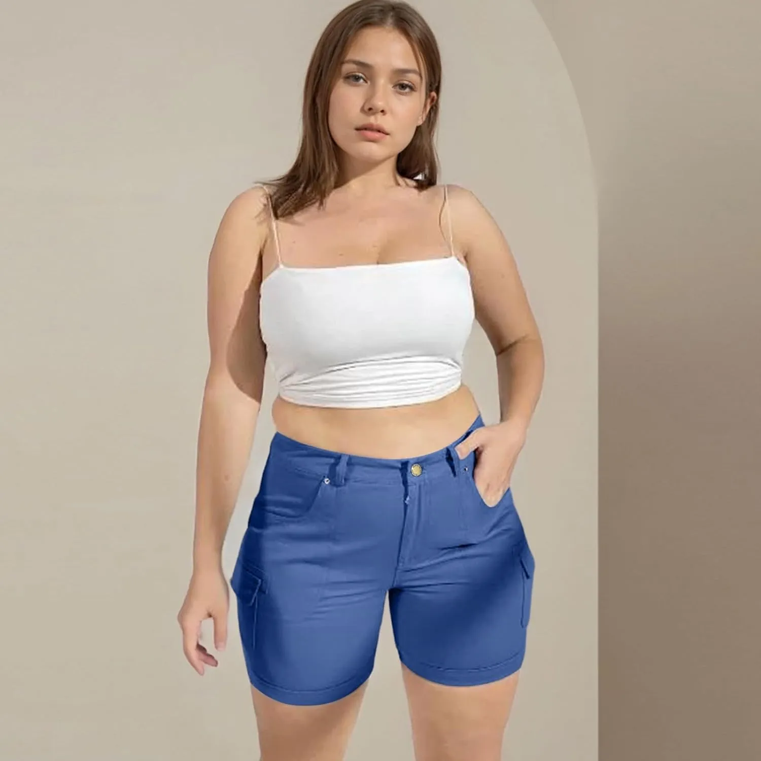 Outdoor Cargo Shorts Women Knee Length High Waisted Hiking Shorts with Pockets Casual Summer Trendy Denim Outfits