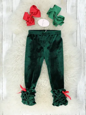Pine Green Velvet Ruffle Leggings