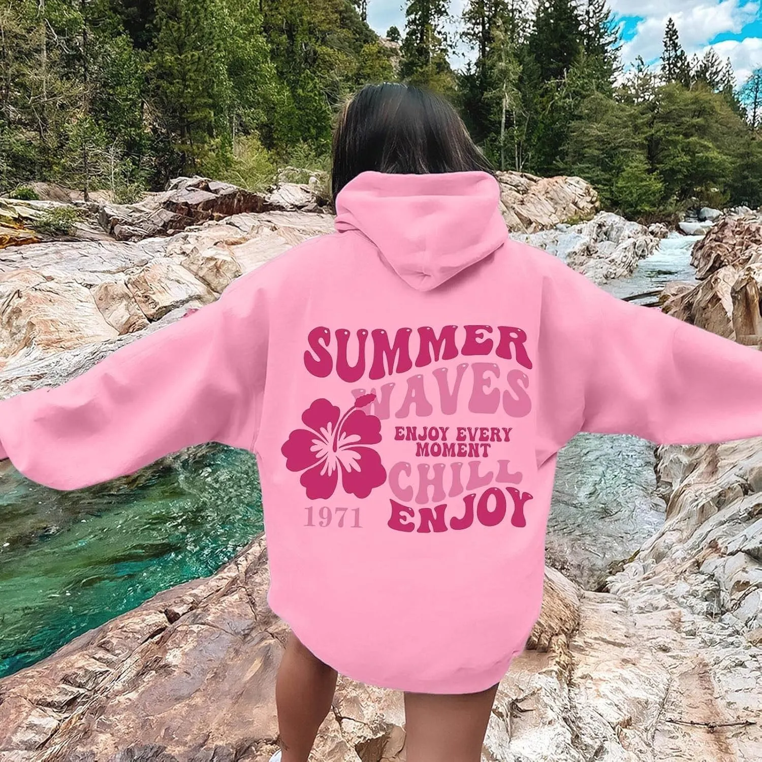 Pink Palm Puff Hoodie Real Women Oversized Sweatshirts Pullover Hoodies Fleece Sweaters Long Sleeve With Pockets