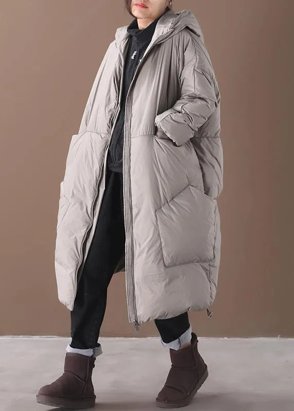 plus size snow jackets gray hooded pockets goose Down coat