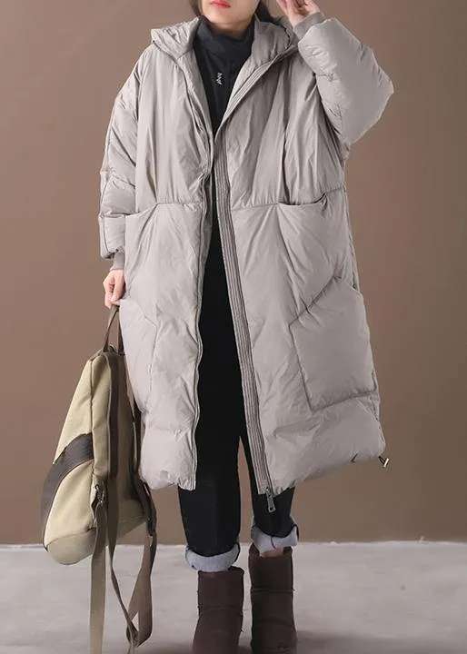 plus size snow jackets gray hooded pockets goose Down coat