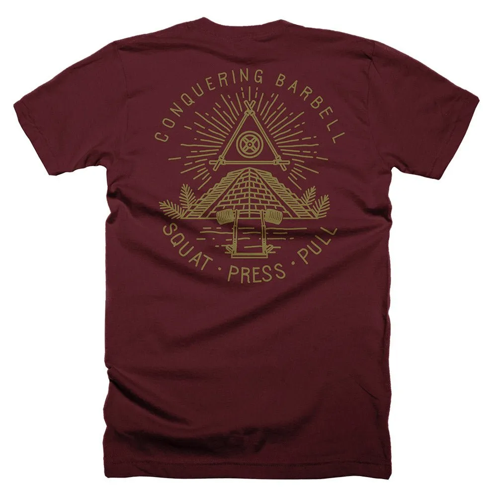 Powerluminati - The All Seeing Barbell - on Maroon Tee