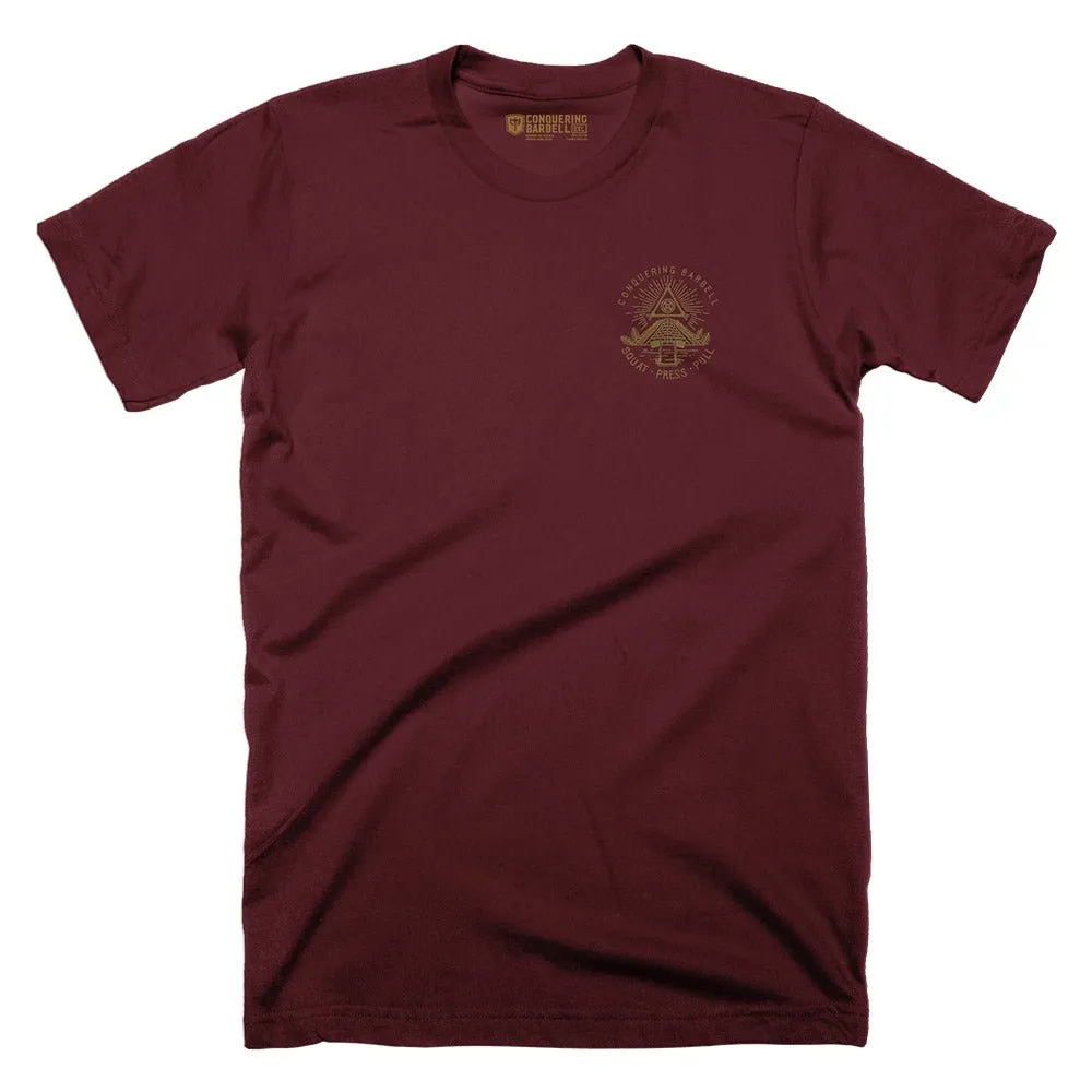 Powerluminati - The All Seeing Barbell - on Maroon Tee